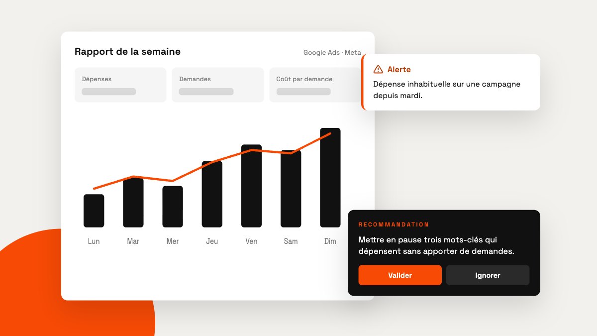 Rapport publicitaire hebdomadaire avec une alerte de dépense et une recommandation à valider