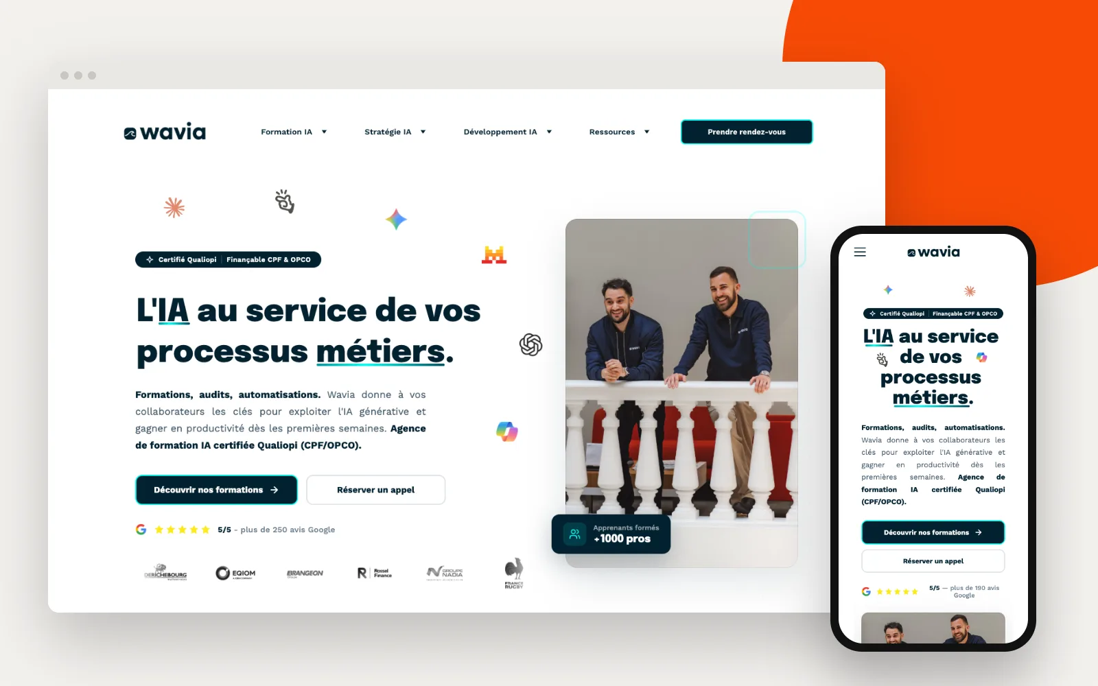 Site Wavia affiché sur un ordinateur et un smartphone