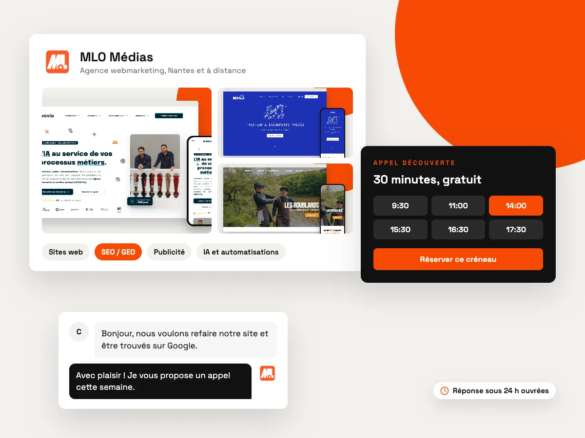 MLO Médias en un coup d’œil : sites réalisés pour Wavia, SMALA et Les Roublards, métiers de l’agence et prise de rendez-vous pour un appel découverte